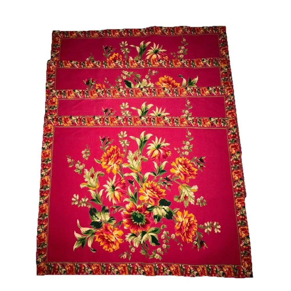 April Cornell Placemats Set of 4 Red Yellow Floral Leaf Border 14x19
